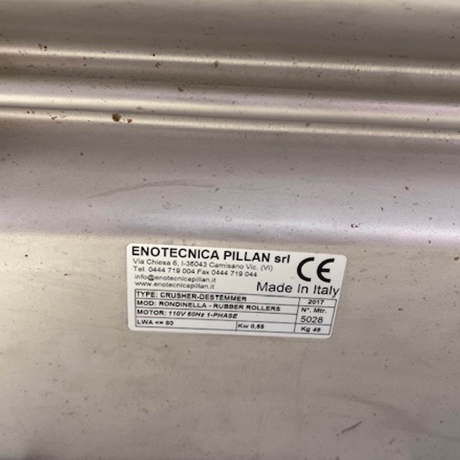 Enotecnica Pillan “Rondinella” Motorized Grape Crusher-Destemmer w/ Rubber Rollers - Used