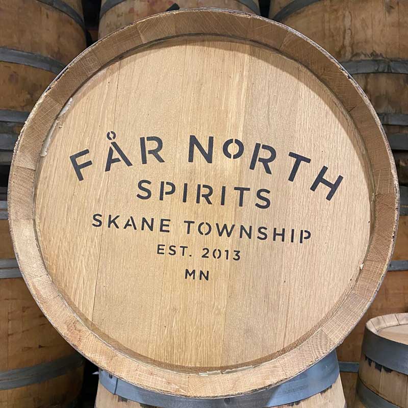 Head of a 23 Gallon Far North Spirits Rye Whiskey Barrel with Far North Skane Township Est. 2013 MN stamped on the head