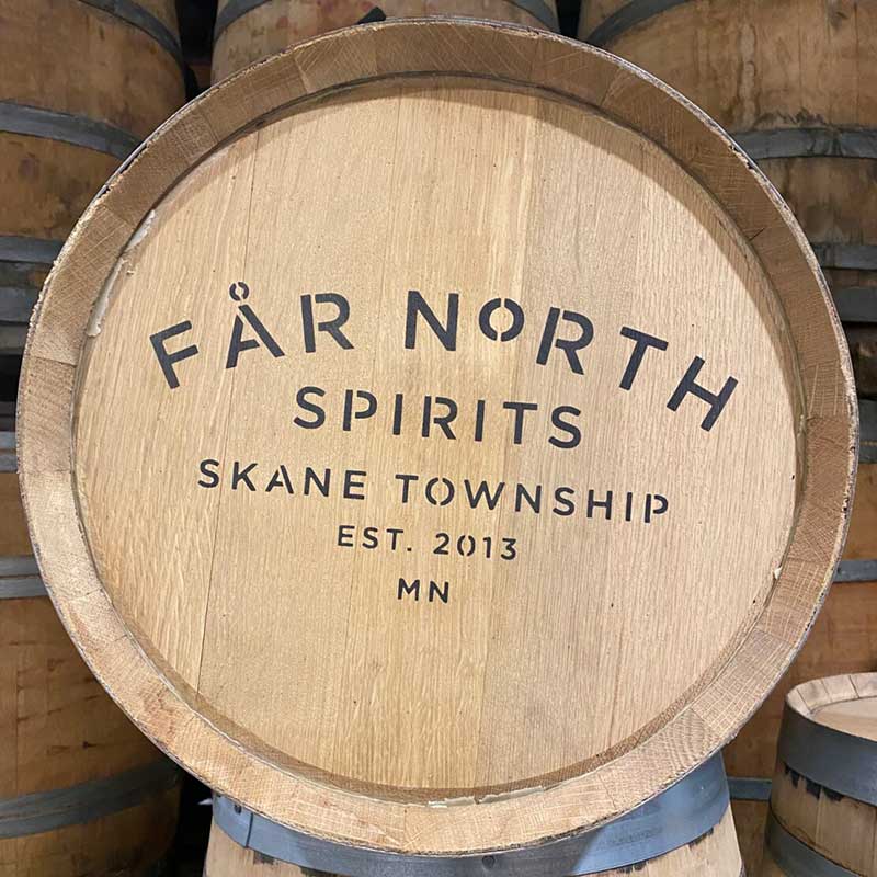 
                  
                    Head of a 23 Gallon Far North Spirits Rye Whiskey Barrel with Far North Skane Township Est. 2013 MN stamped on the head
                  
                