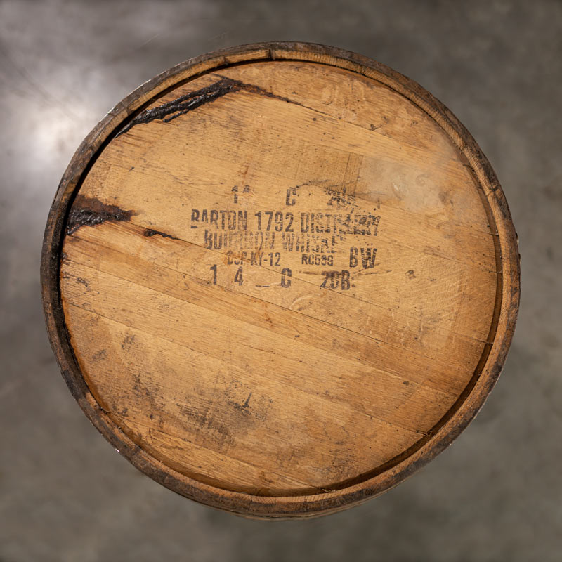 Head of a 1792 Bourbon Barrel with Barton 1792 Distillery information stamped on the head