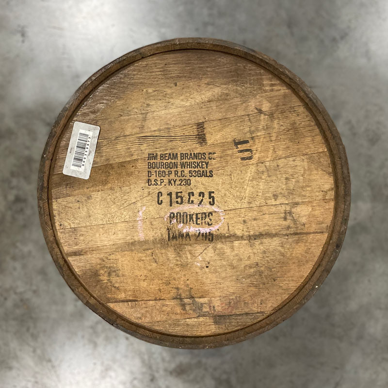 Booker's Bourbon barrel with Jim Beam brands bourbon whiskey, distillery info and age statement stamped on head