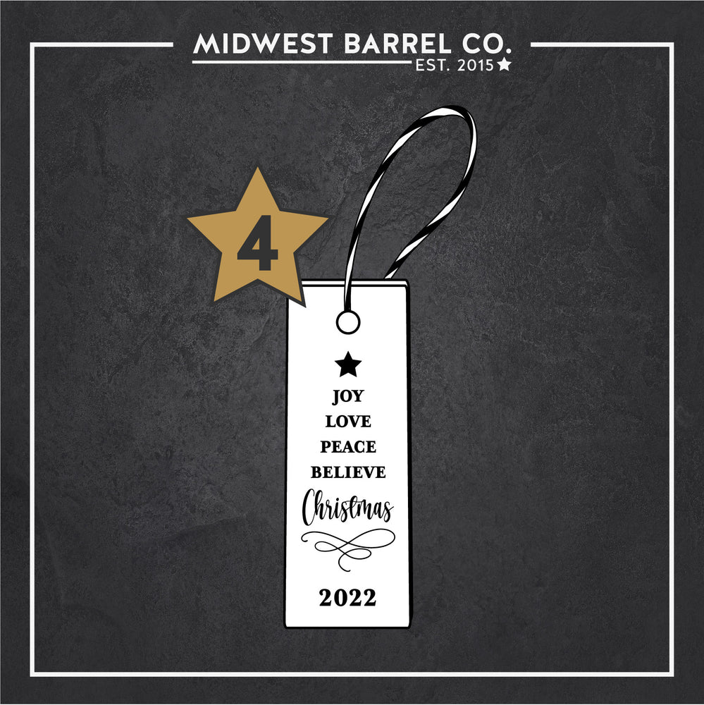
                  
                    Wine Barrel Stave Ornament Engraved Option 4: A star a the top with text Joy, Love, Peace, Believe, Christmas and 2022
                  
                