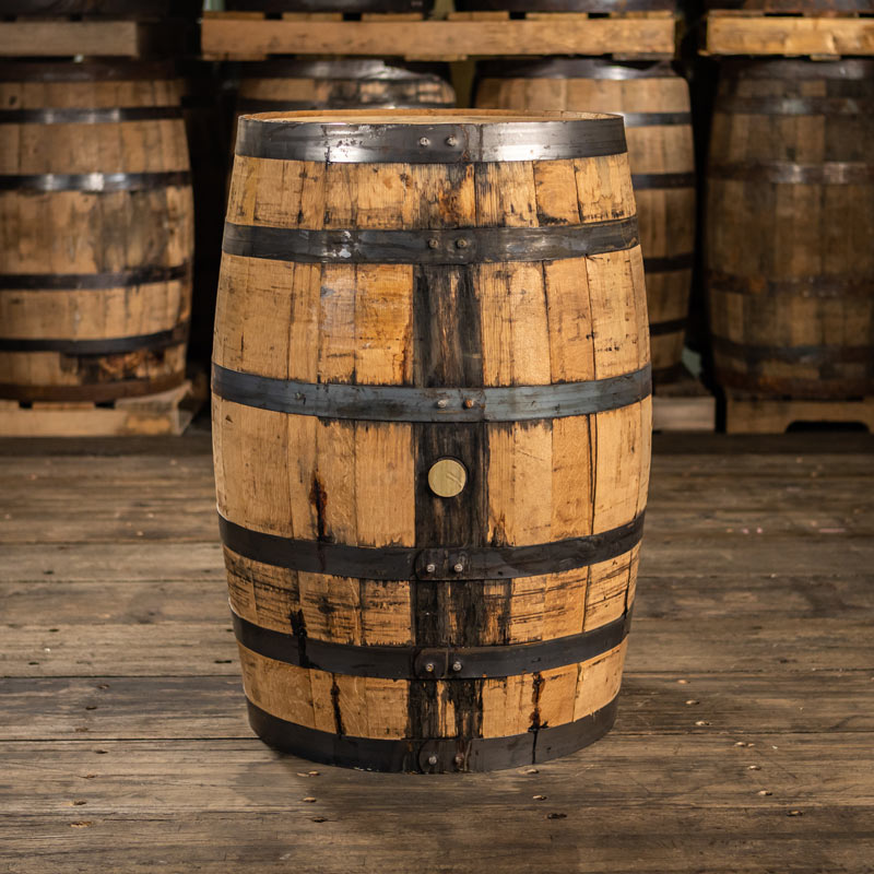 Old Forester Bourbon barrel with lightly rusted, steel rings and stained staves