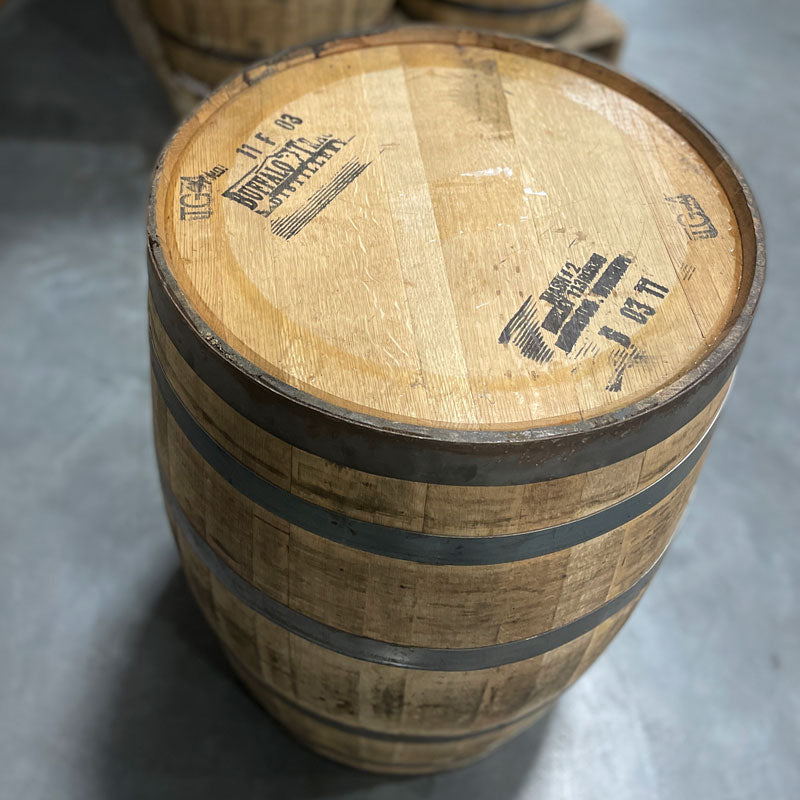 
                  
                    Buffalo Trace Mash 2 Bourbon barrel with distillery logo markings and stamp on head
                  
                