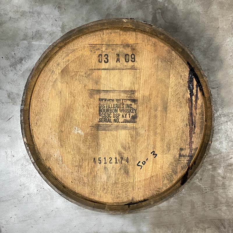 View of head of 18 Year Elijah Craig Bourbon barrel with Heaven Hill distillery information stamp and age statement