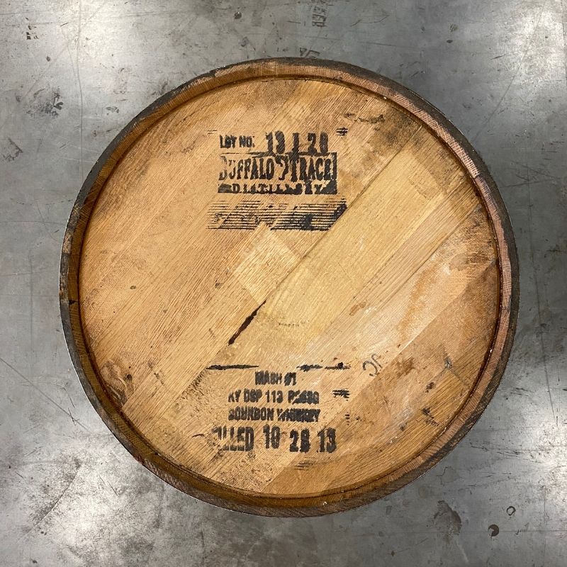 Head of a Stagg Jr. Bourbon barrel with Buffalo Trace Distillery logo and Mash 1 label stamped on head