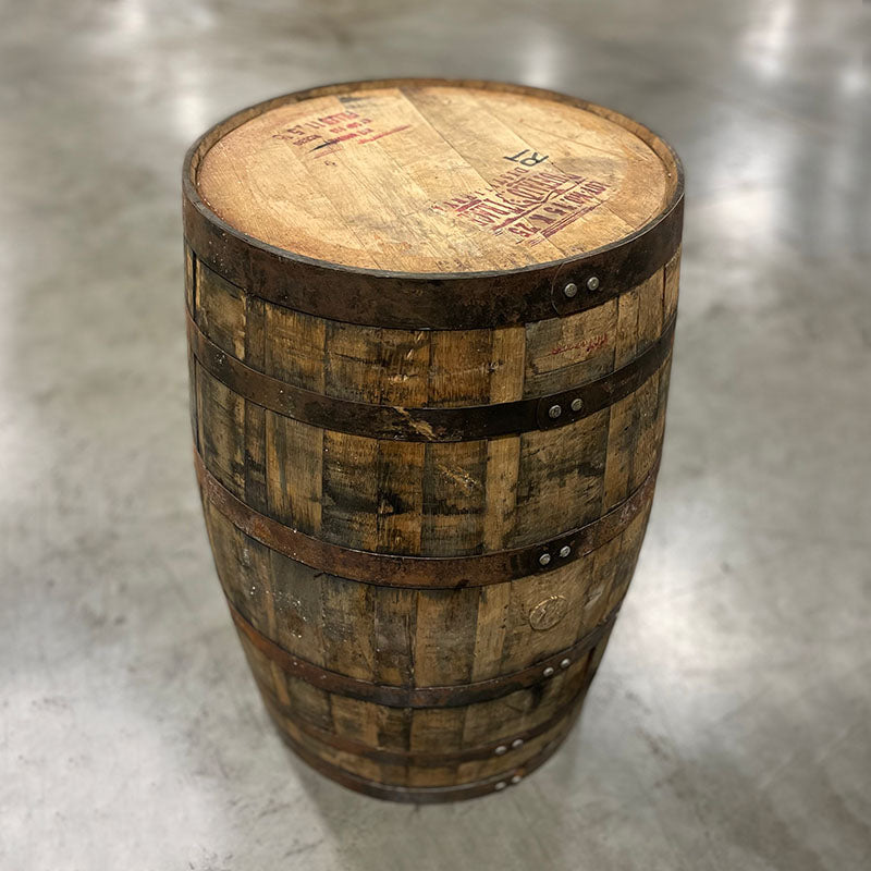 Side and head of a Buffalo Trace Rye Whiskey Barrel with buffalo stamp and distillery markings