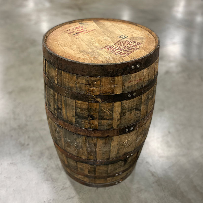
                  
                    Side and head of a Buffalo Trace Rye Whiskey Barrel with buffalo stamp and distillery markings
                  
                