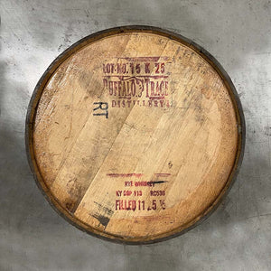 
                  
                    Head of a Buffalo Trace Rye Whiskey Barrel with Buffalo stamp and distillery markings
                  
                