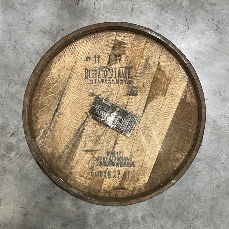 Head of a 10 Year Buffalo Trace Mash 1 Bourbon Barrel with buffalo logo and distillery markings plus age stamp