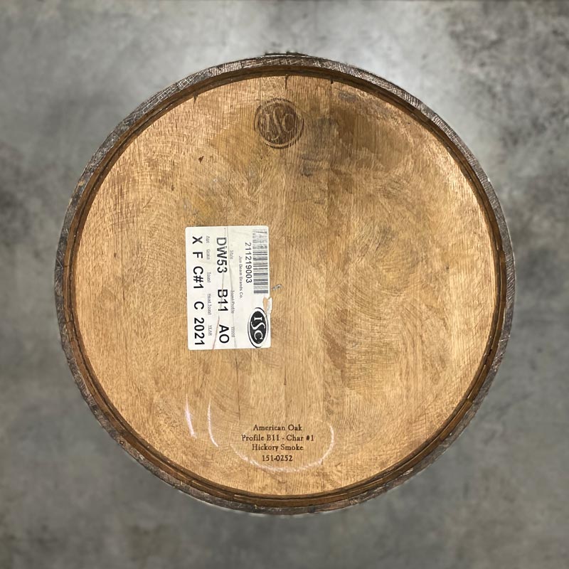 Head of a Basil Hayden Subtle Smoke Bourbon Barrel with ISC cooperage mark and American Oak, Profile B11 - Char 1 Hickory Smoke and other information on head