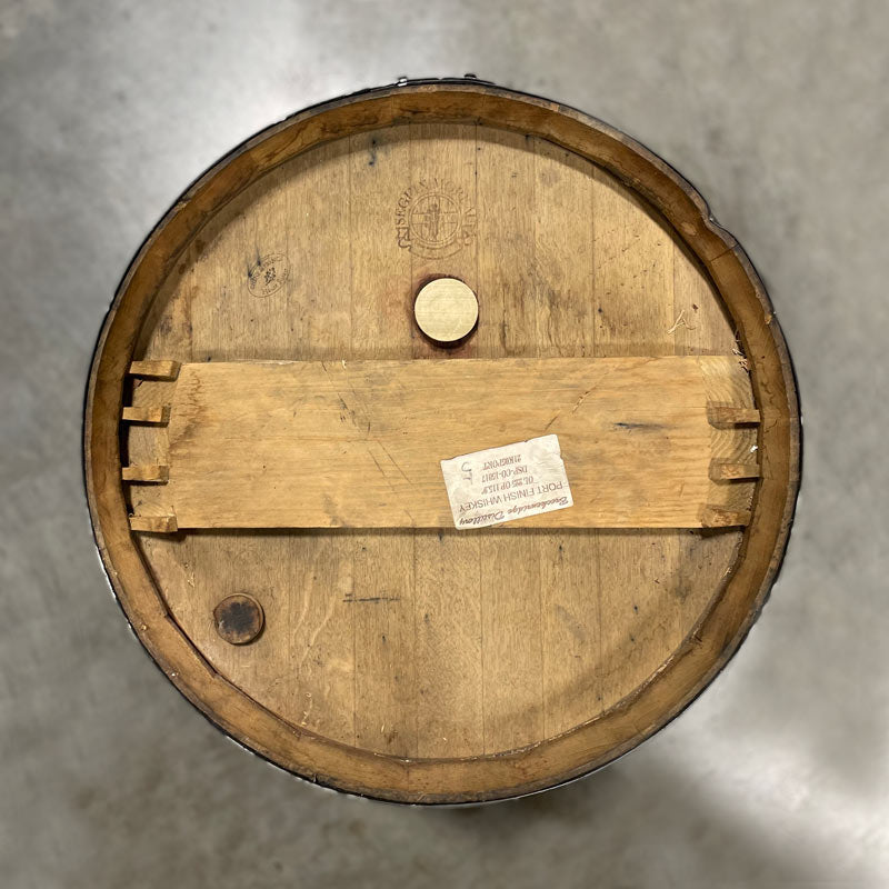 Head of a Breckenridge Distillery Port Finish Whiskey Barrel that aged port and then whiskey with head bung and sticker with distillery info