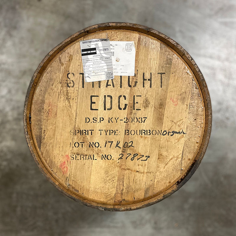 Head of a Straight Edge Bourbon Barrel with distillery name, fill date and info on the head