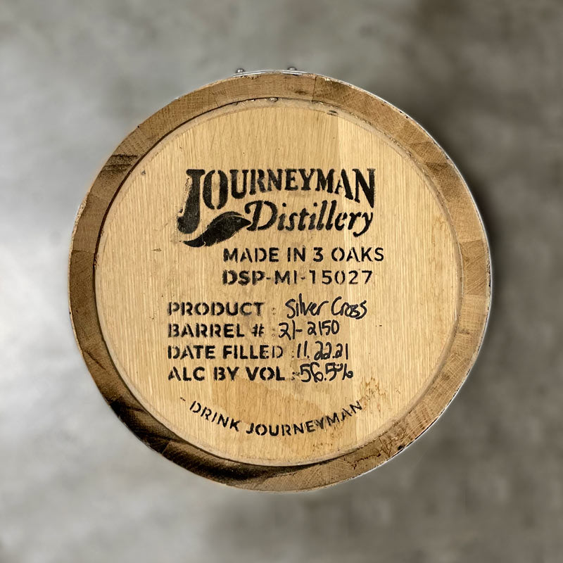 5 Gallon Journeyman Distillery Silver Cross barrel with logo stamp and fill date on head