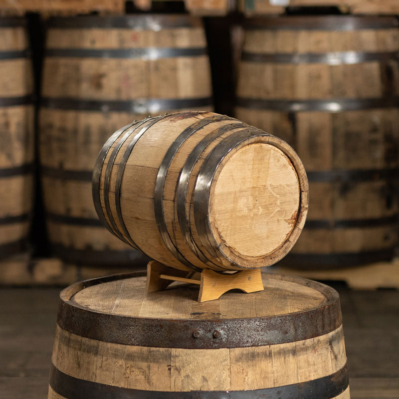 5 Gallon Kings County Distillery Bourbon/Whiskey Barrel - Fresh Dumped, Once Used on stand on top of full size barrel