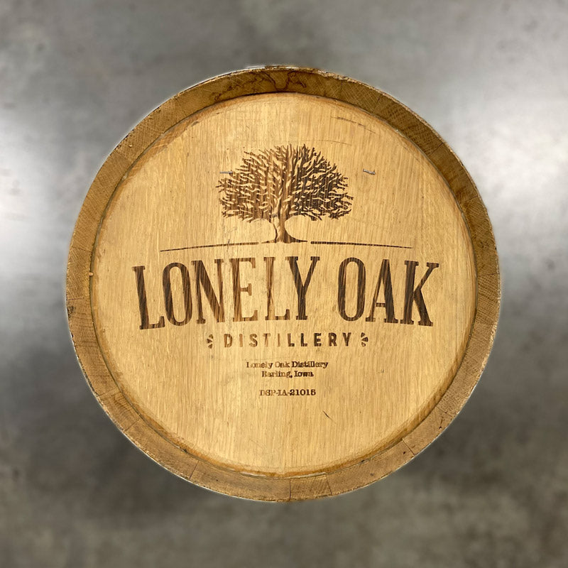 Head of a 10 Gallon Lonely Oak Rum Barrel with tree and Lonely Oak Distillery Earling, Iowa engraved on head