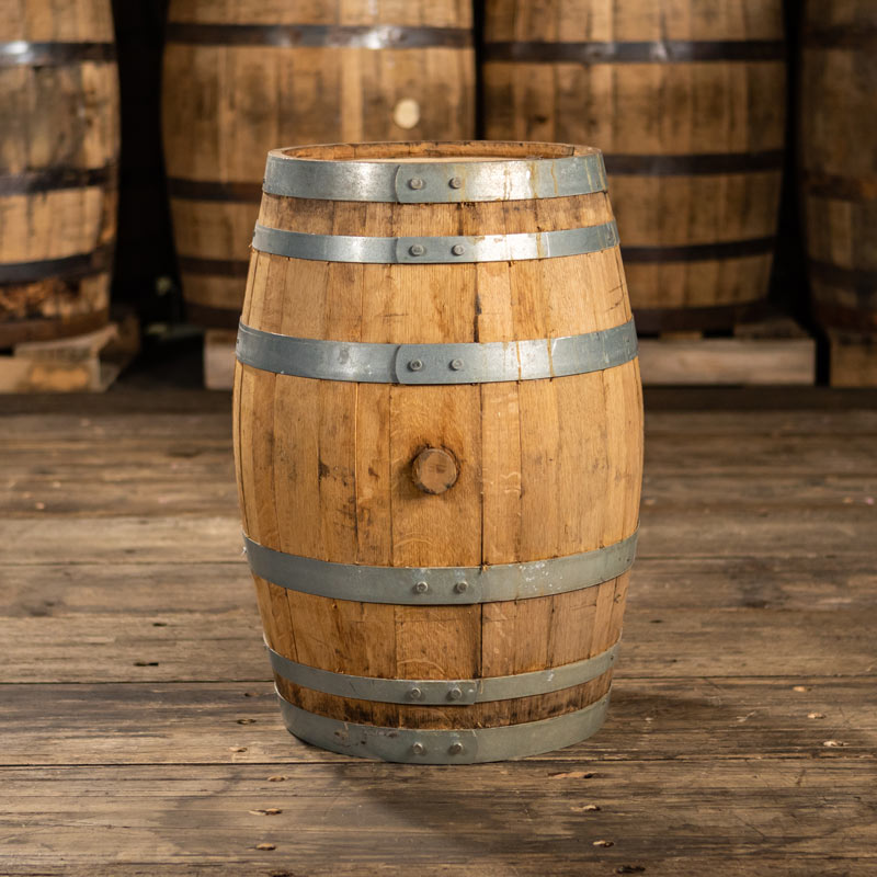 13 Gallon John Emerald Distilling Whiskey barrel with steel rings and light colored staves