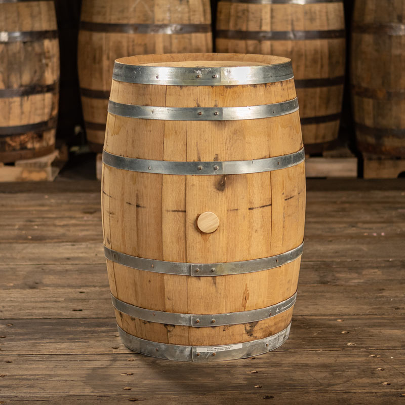 30 Gallon Koval Distillery Millet Whiskey barrel with shiny steel rings and clean, light colored staves