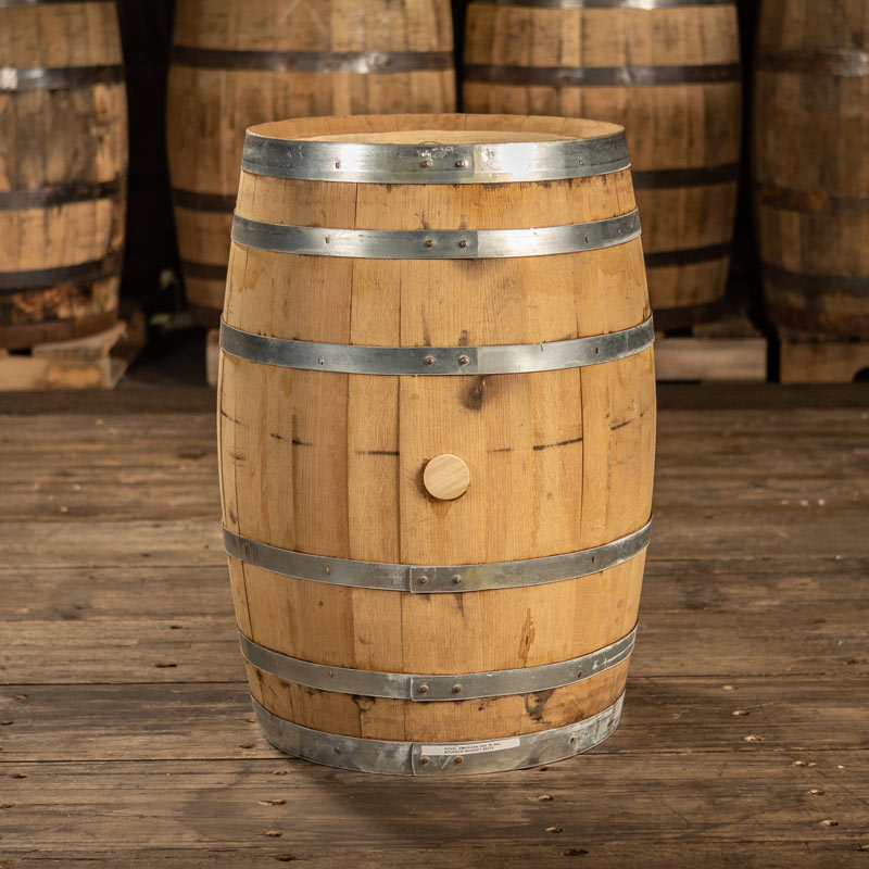 
                  
                    30 Gallon Koval Distillery Bourbon barrel with shiny steel rings and clean, light colored staves
                  
                