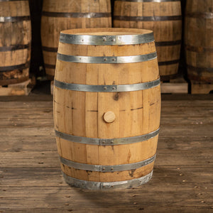 
                  
                    30 Gallon Koval Distillery Rye Whiskey barrel with shiny steel rings and clean, light colored staves
                  
                