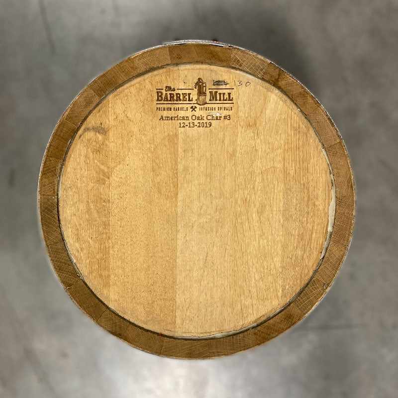 View from above of 5 Gallon Nauti Spirits Wheat Whiskey Barrel (Ex-Bourbon) head with cooperage markings