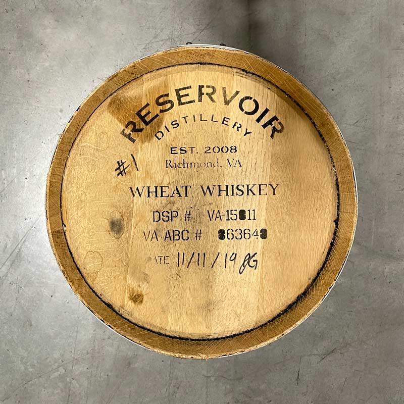 Head of a 10 Gallon Reservoir Distillery Wheat Whiskey barrel with distillery markings and information