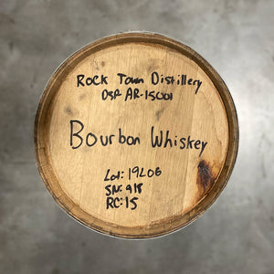 
                  
                    Head of a 15 Gallon Rock Town Distillery Bourbon Whiskey Barrel with handwritten information and barrel age on the head.
                  
                