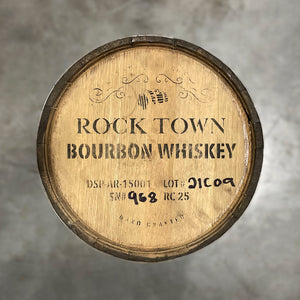 
                  
                    Head of a 25 Gallon Rock Town Distillery Bourbon Whiskey Barrel with  decorative barrel design, distillery information and barrel age on the head.
                  
                