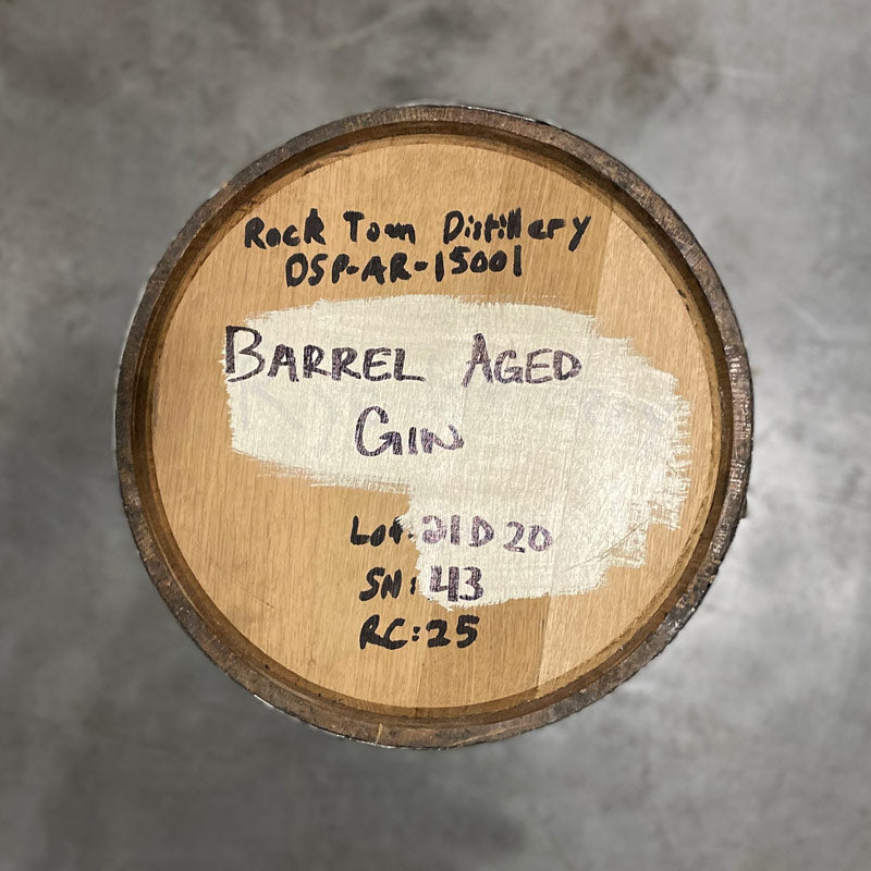 Head of a 25 Gallon Rock Town Distillery Gin Barrel with handwritten distillery and barrel information on the head