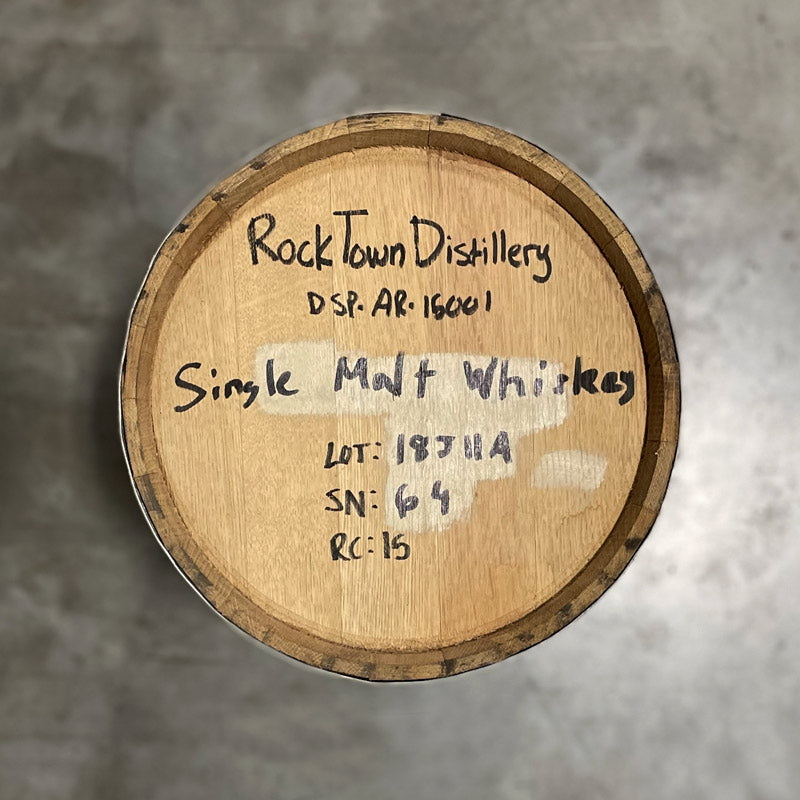 Head of a 15 Gallon Rock Town Distillery Single Malt Whiskey Barrel with handwritten distillery information and barrel notes 