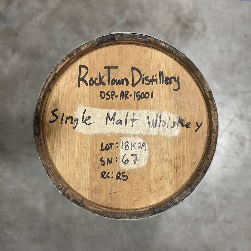 
                  
                    Head of a 25 Gallon Rock Town Distillery Single Malt Whiskey Barrel with handwritten distillery information and barrel notes
                  
                
