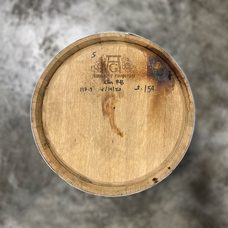 Head of a 15 Gallon West Fork Chocolate Rye Bourbon barrel with cooperage logo and handwritten notes