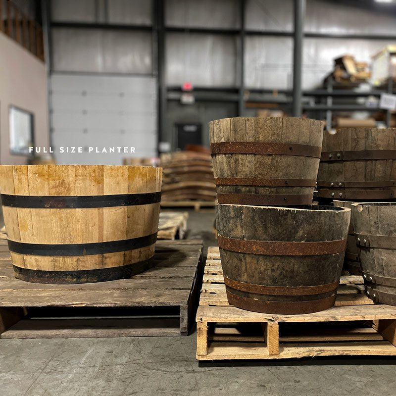 
                  
                    A full-size, 53 gallon whiskey barrel planter on a pallet next to 15 gallon half barrel planters on a pallet
                  
                