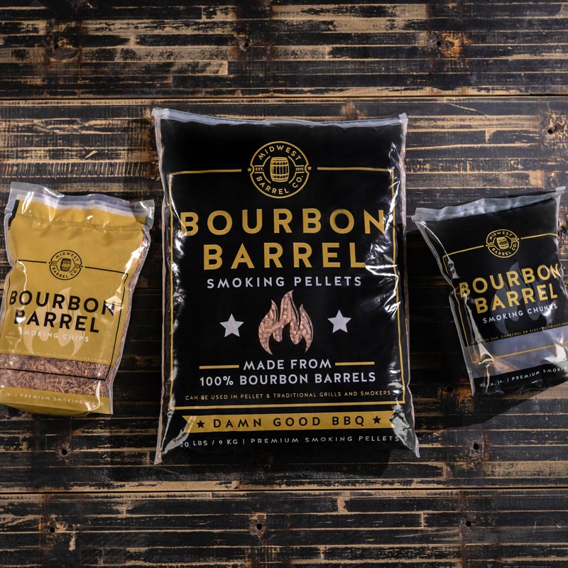 Bags of Bourbon Barrel Smoking Wood BBQ Chips, Pellets and Chunks