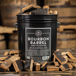 Open Bourbon Barrel BBQ Smoking Wood Chunk Bucket with charred chunks around the bucket