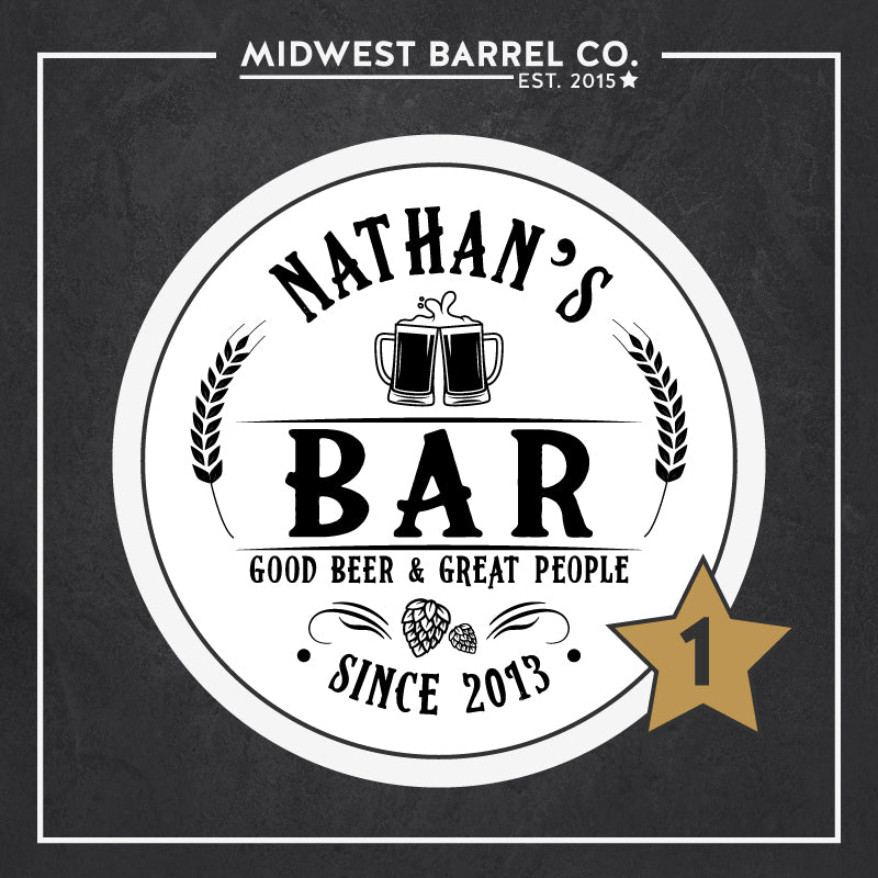 Option 1: Nathan's Bar with clinking beer mugs, barley and hops and text Nathan's Bar Good Beer & Great People Since 2013