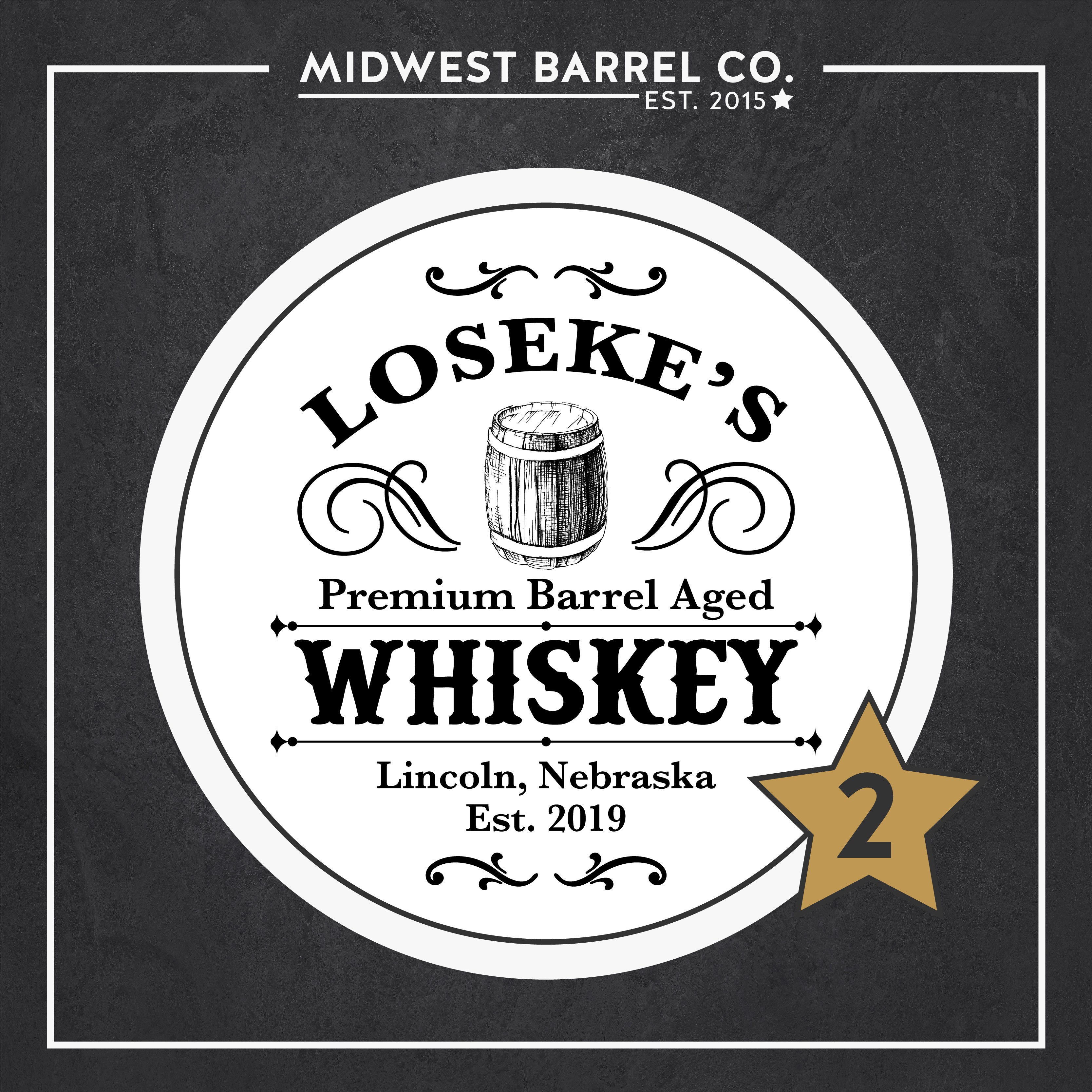 Option 2 Loseke's Whiskey design with barrel image and text Loseke's Premium Barrel-Aged Whiskey Lincoln, Nebraska Est. 2019