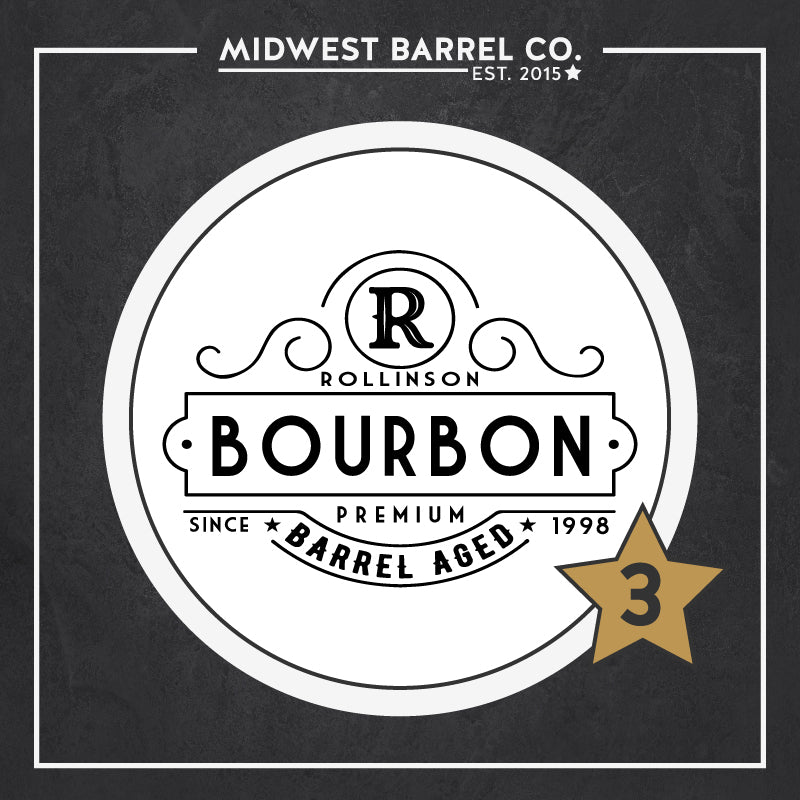 Option 3 Initial and name bourbon design with text R Rollison Premium Barrel-Aged Bourbon Since 1998 and ornate border design around text