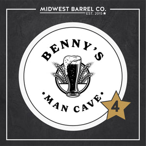 
                  
                    Option 4 design with tall beer glass overflowing with circle and barley behind it and text Benny's Man Cave around the image
                  
                