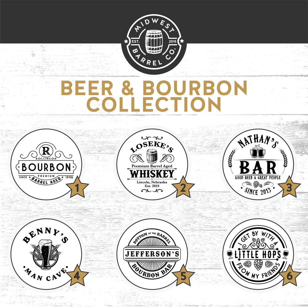 
                  
                    Design options for the Beer and Bourbon Engraved Barrel Head collection
                  
                