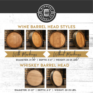 
                  
                    Graphic showing different barrel head styles for engraving. Wine barrel head styles with markings and without markings, plus a whiskey barrel head
                  
                