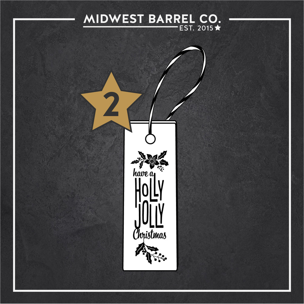 
                  
                    Wine Barrel Engraved Ornament Option 2: Mistletoe and holly and text have a holly jolly Christmas design
                  
                
