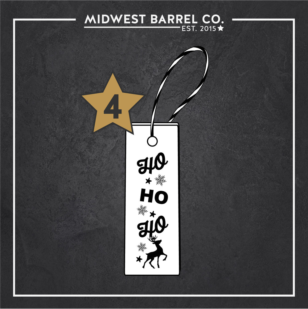 
                  
                    Wine Barrel Engraved Ornament Option 4: Ho Ho Ho with stars, snowflakes and a reindeer
                  
                