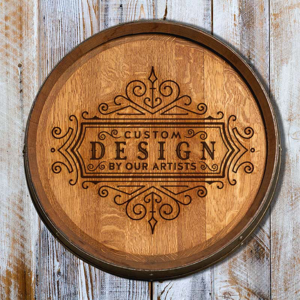 
                  
                    Laser engraved whiskey barrel head with a custom design option 
                  
                