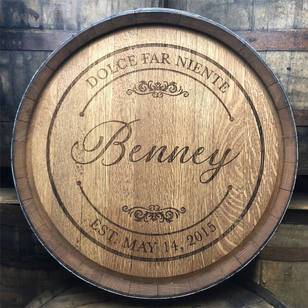 
                  
                    Example of a custom design wine barrel head with Benney name in the center Dolce Far Neinte motto and Est. May 14, 2015
                  
                