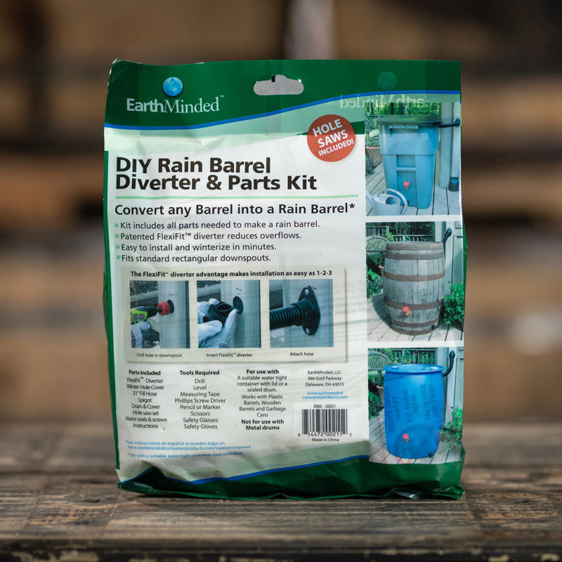 DIY Rain Barrel Diverter and Parts Kit with instructions on kit bag