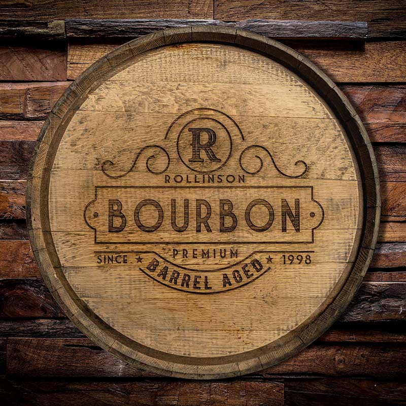 Personalized Barrel Head – Beer & Bourbon Collection R Rollinson Bourbon Premium Barrel Aged Since 1998