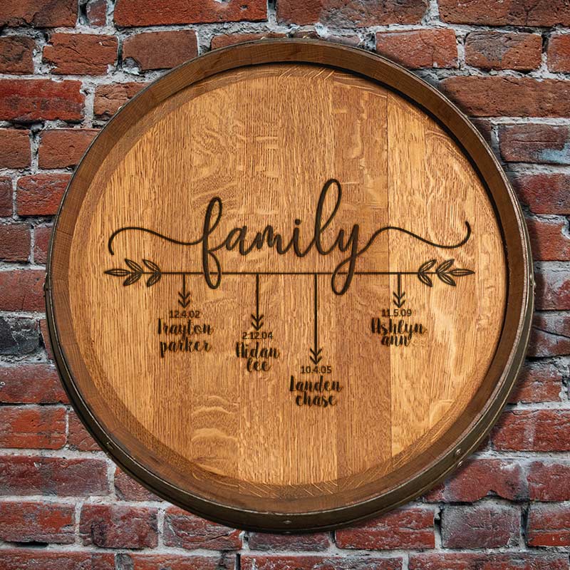 Family engraved barrel head design with family member names and birth dates and hanging on a brick wall