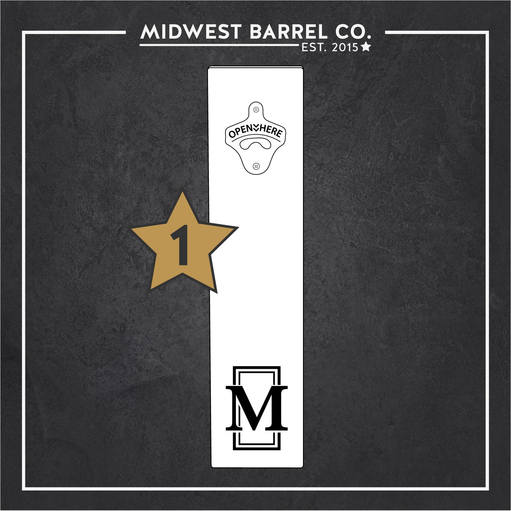 Engraved Barrel Stave Bottle Opener Option 1 with M and vertical rectangular frame behind the letter