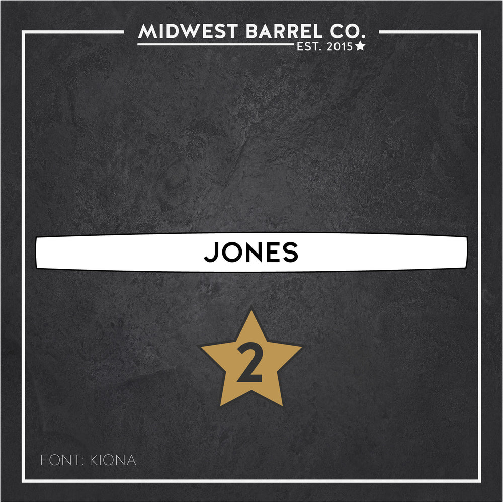 
                  
                    Engraved full size barrel stave font option 2 with name Jones in center
                  
                